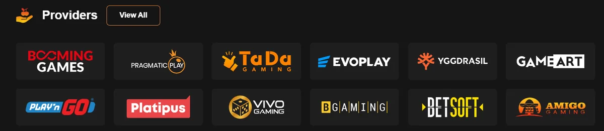 Game studios in the Booming Slots lobby, including Booming Games, Pragmatic Play and Play'n GO