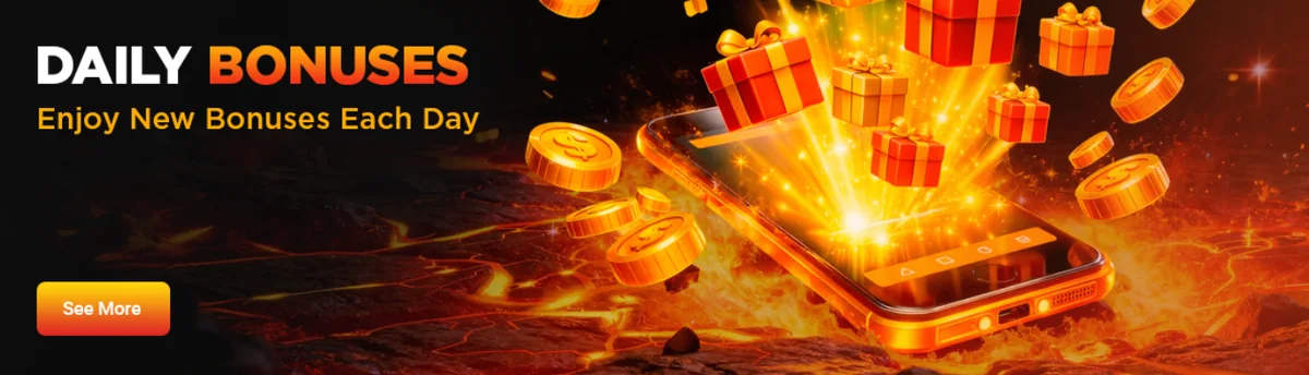Booming Slots daily bonuses banner with gift boxes bursting from a phone